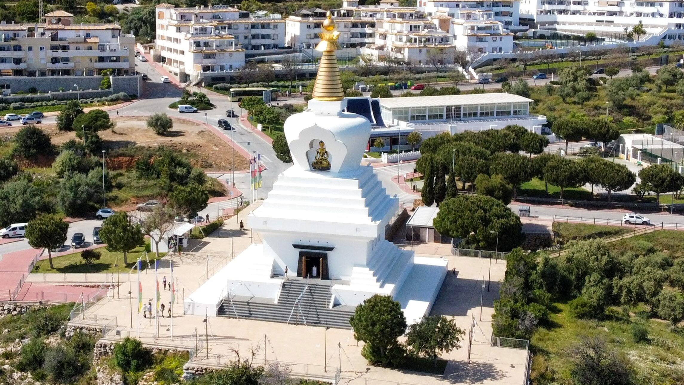 View of Buddhist temple along Costa del Sol.