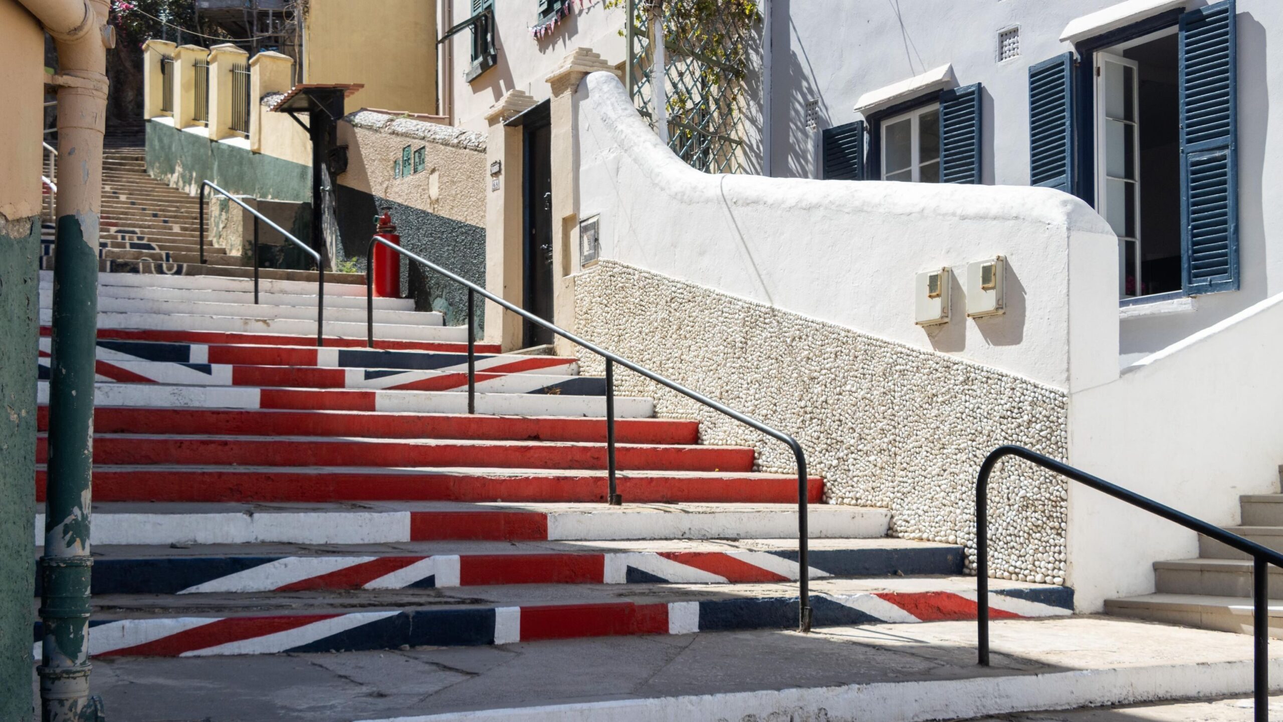 Outdoor steps painted in Union Jack colours.