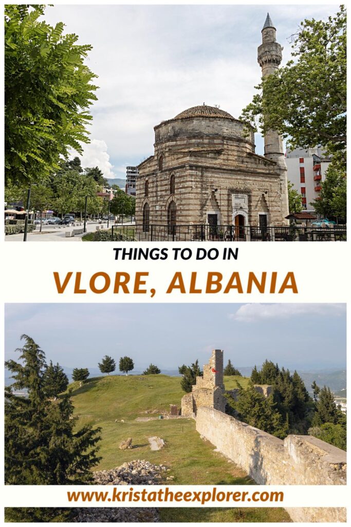 Mosque in Vlore centre and ruins of medieval castle.