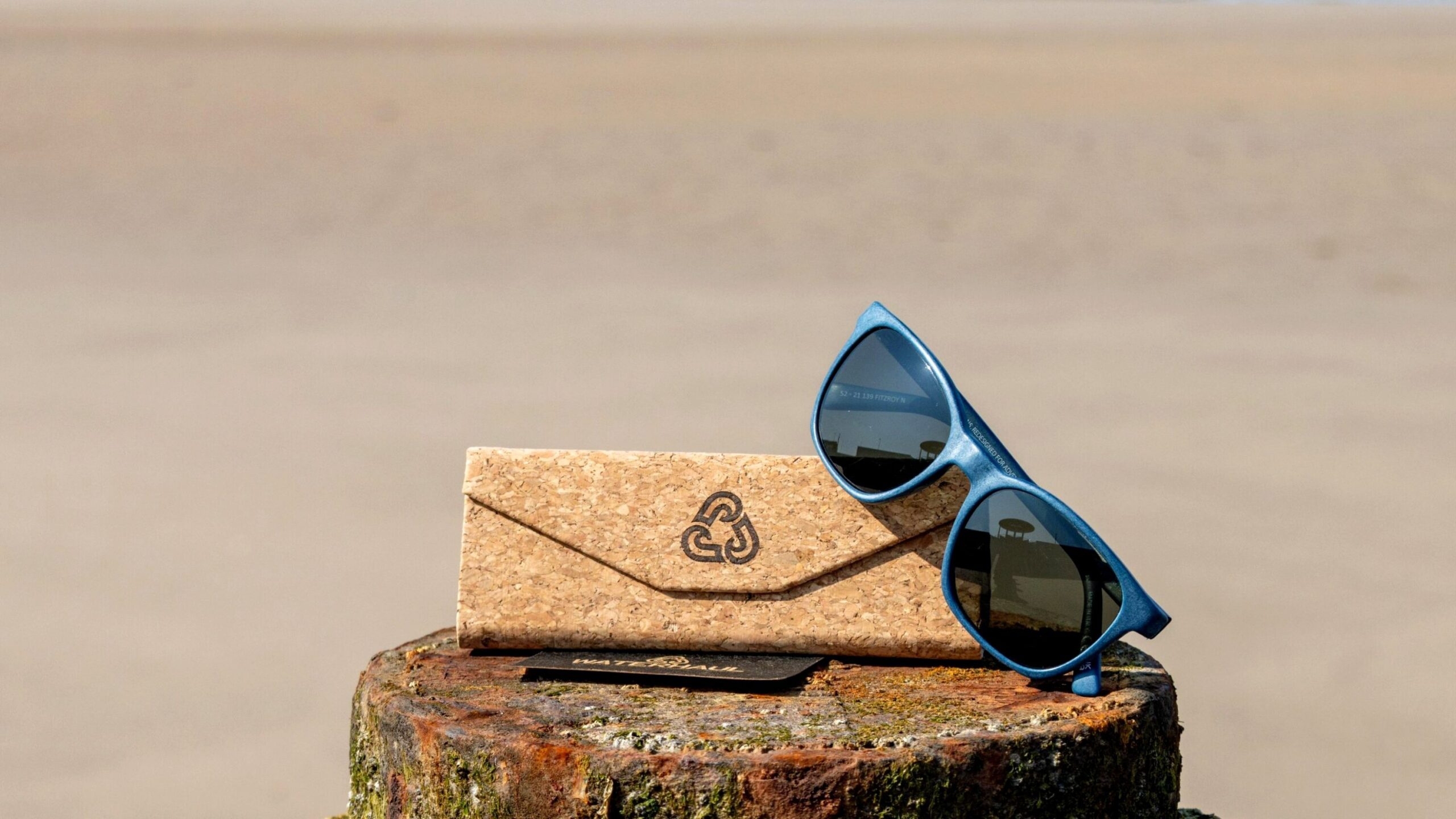 Blue recycled sunglasses with cork case.