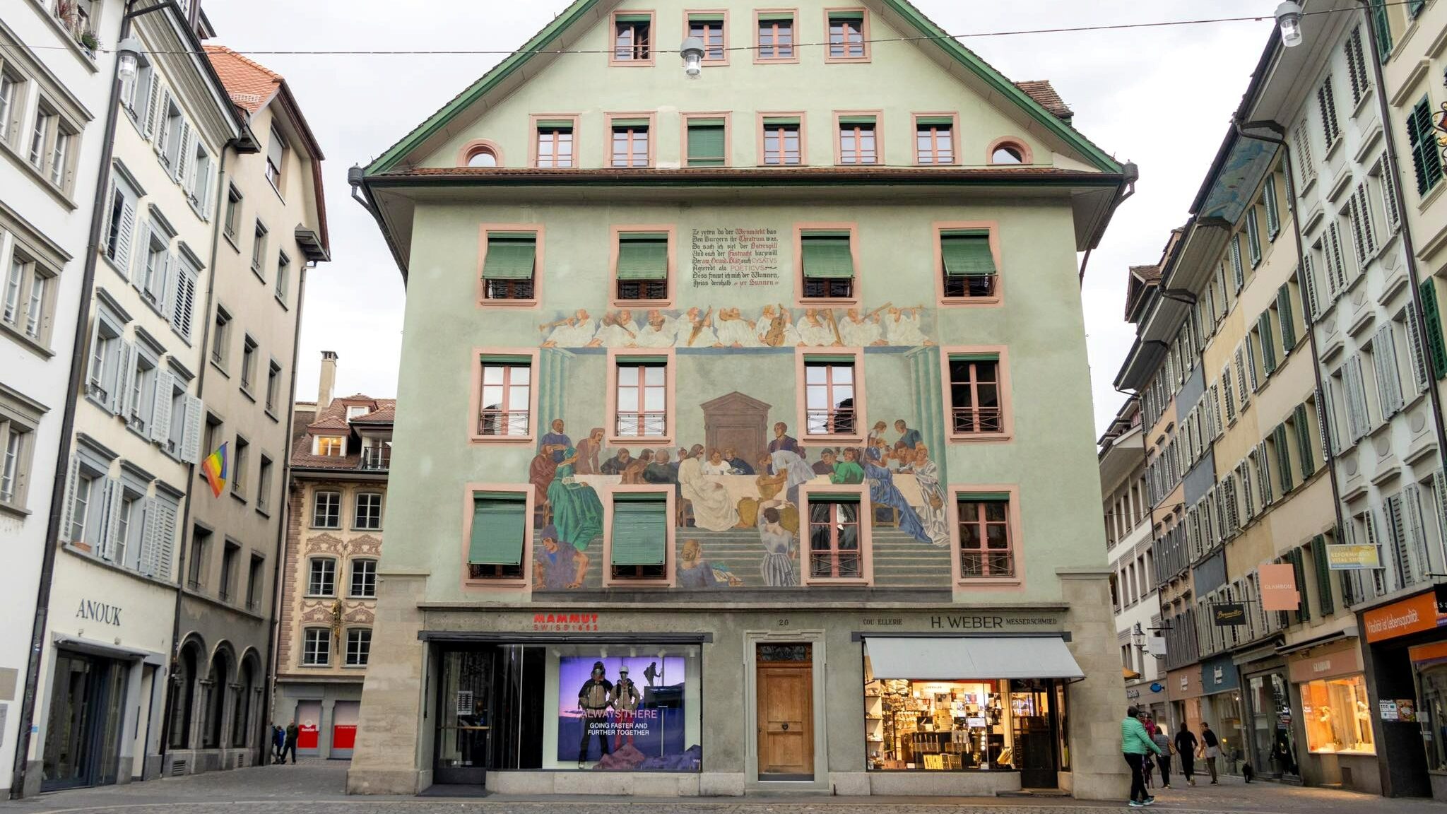 Green painted building in old town.