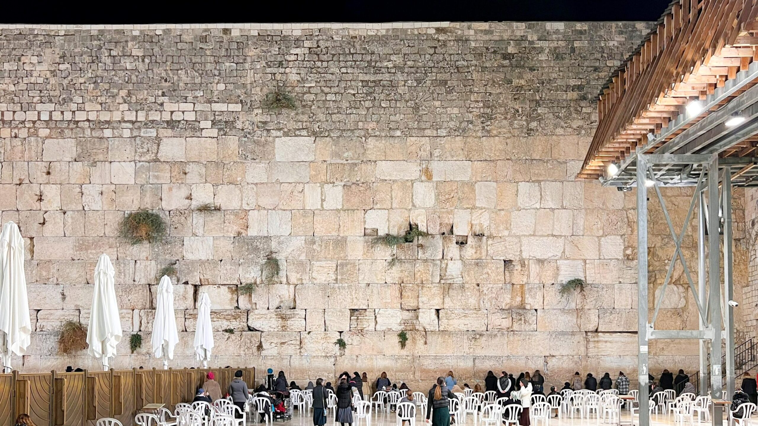 Western Wall in Jerusalem at night.