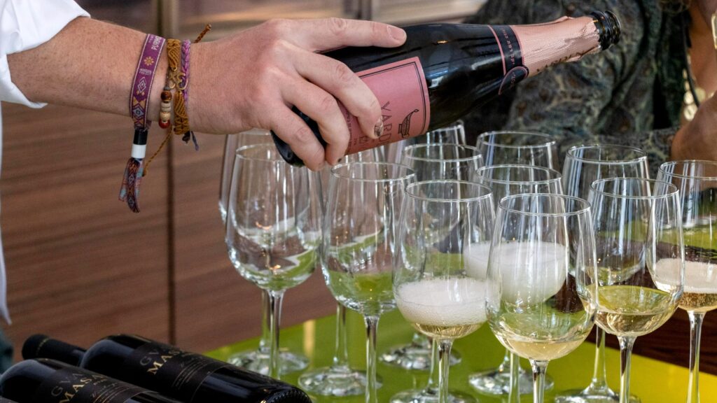 Selection of wine glasses set up for wine tasting.