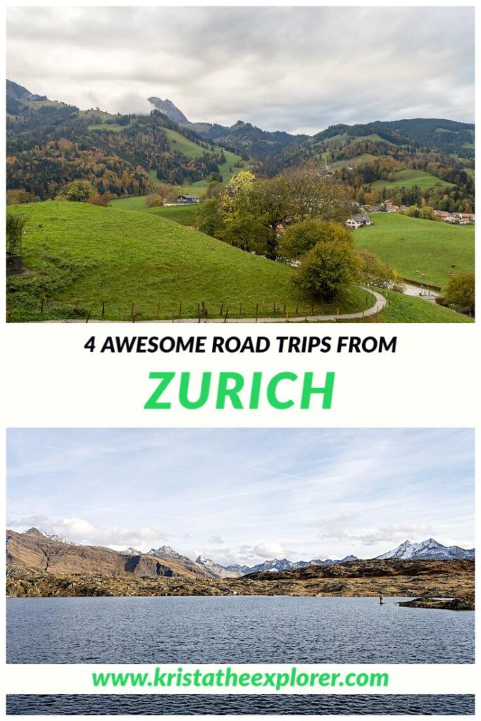 Valley in Switzerland and lake on top of mountain.