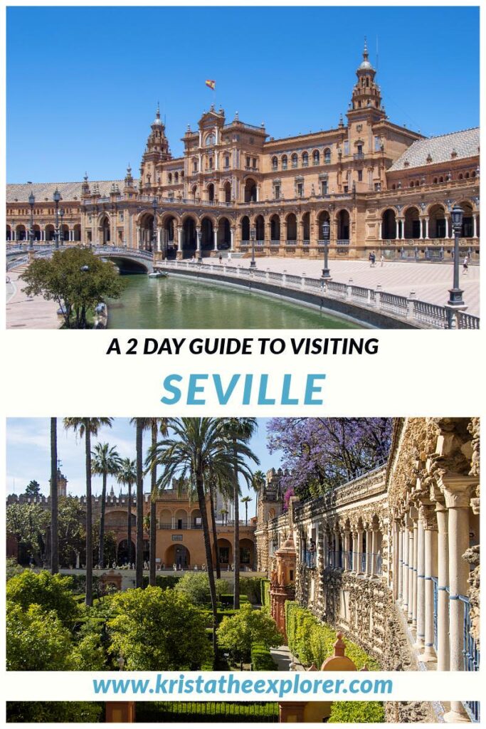 Plaza in Seville and garden inside palace.