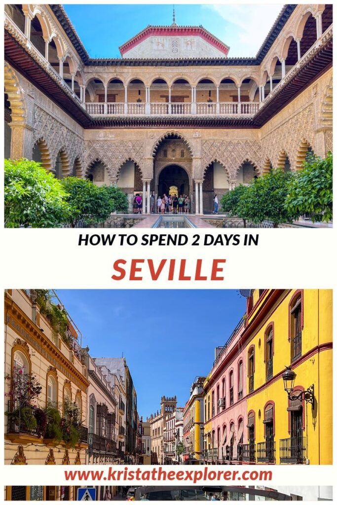 Inner courtyard of palace in Seville and street with colourful buildings.