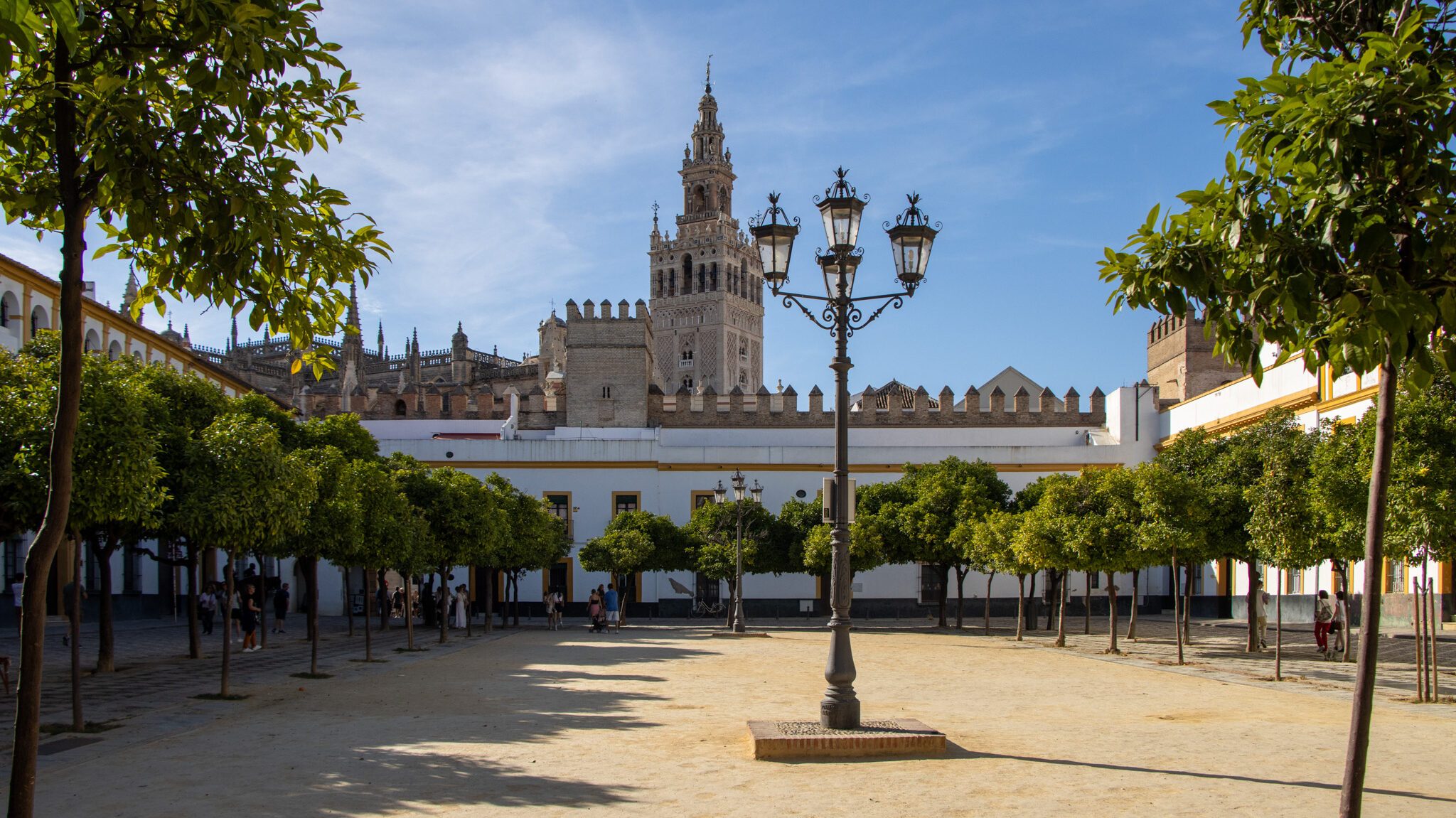 Large open plaza lined with trees next to palace.