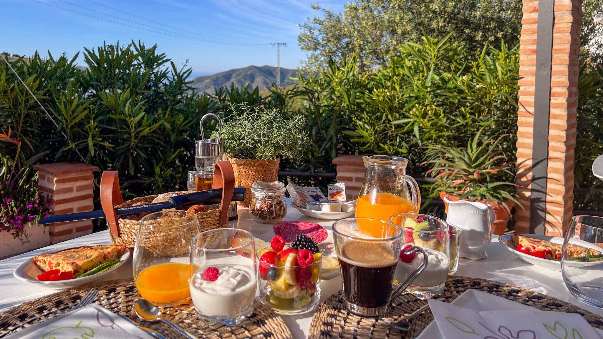 Continental breakfast at B&B with mountain view.