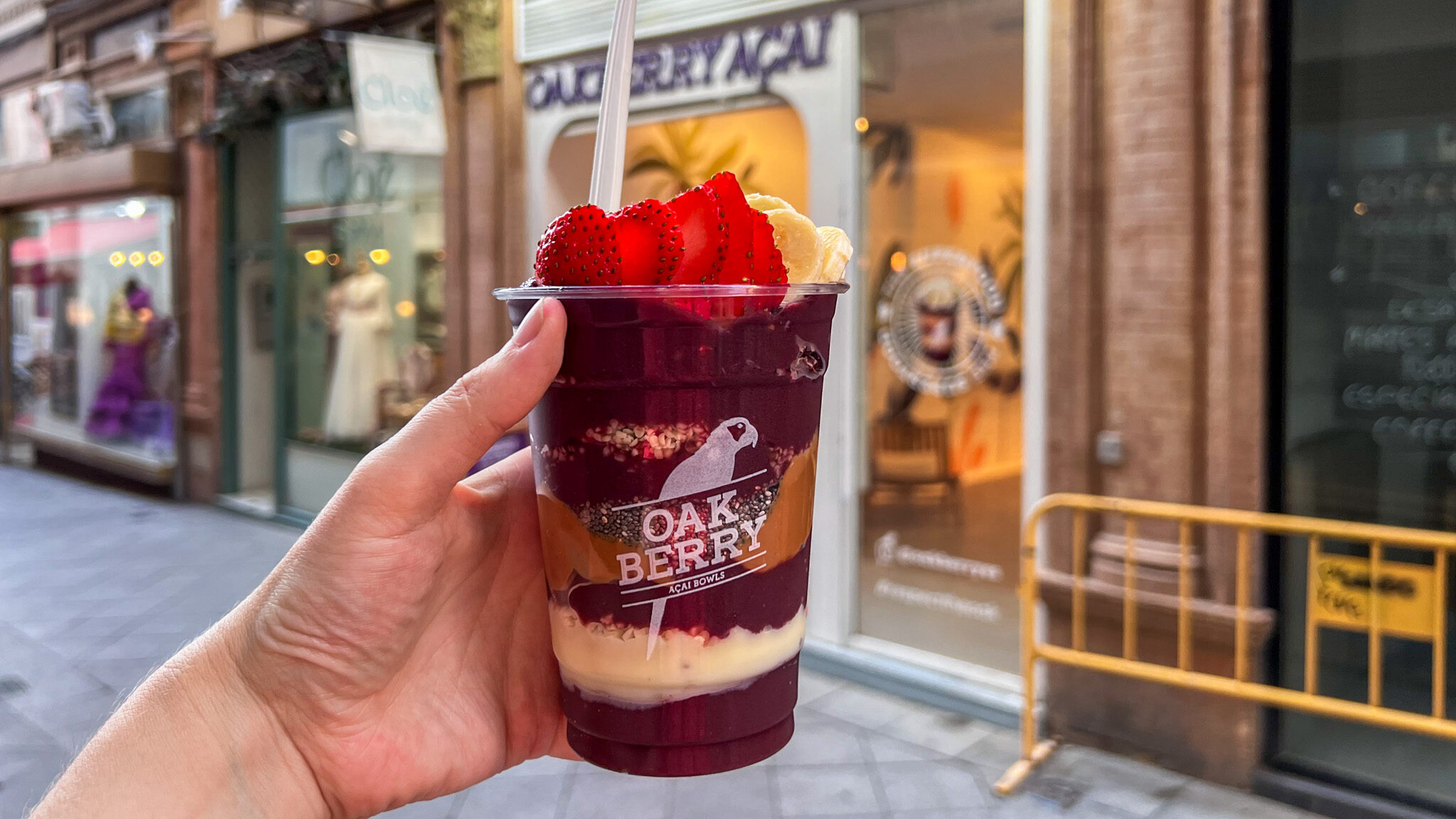 Acai bowl in large cup in Sevilla.