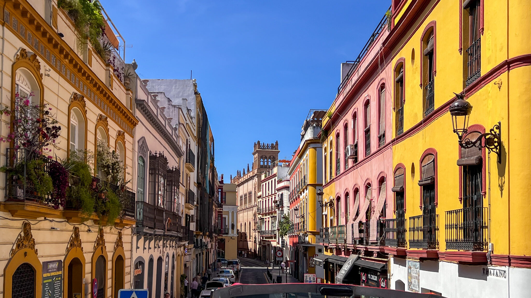 Street lined with colourful buildings.