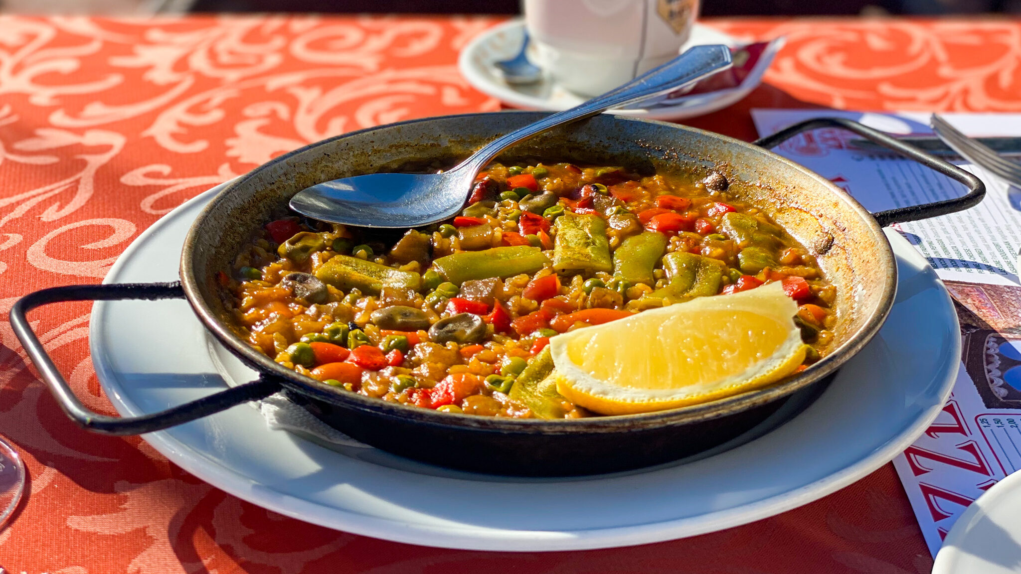 Large dish of vegetarian paella. 