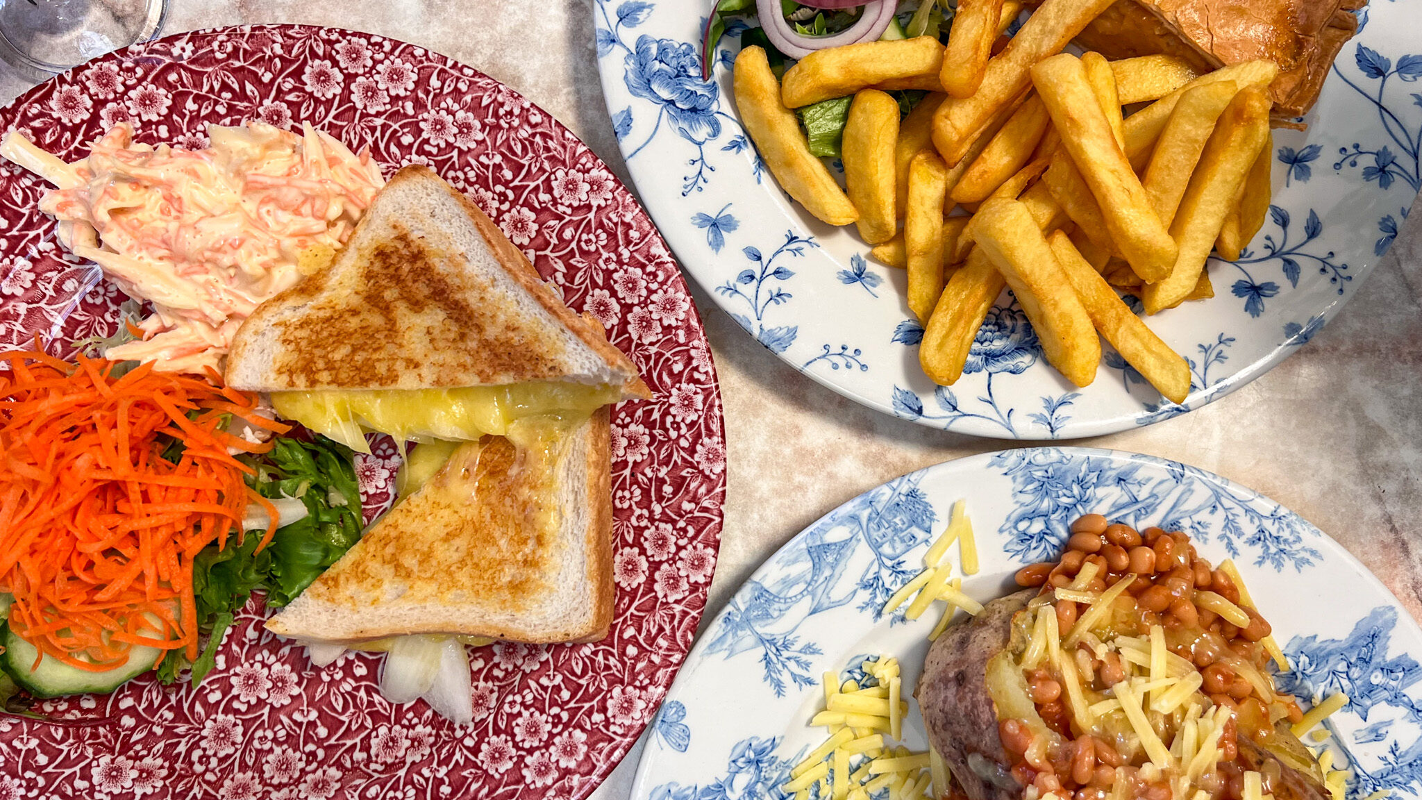 Lunch plates with fries in cafe in Blackpool.