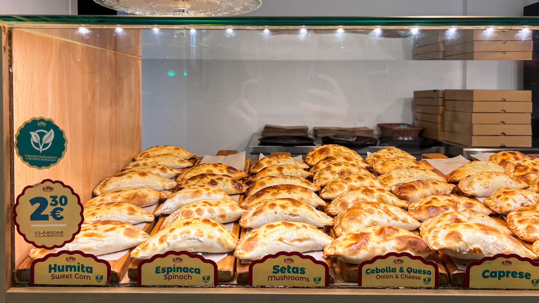 Selection of vegetarian empanadas in shop.