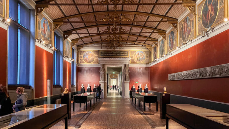 Large arched room in Berlin with artifacts.