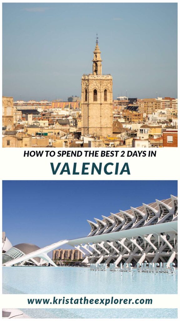 View of cathedral tower and modern buildings in Valencia.