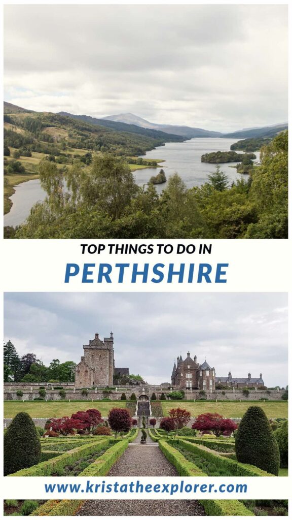 View of loch in Scotland and castle gardens.