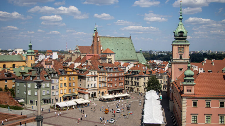 View of castle square in Warsaw from tower.