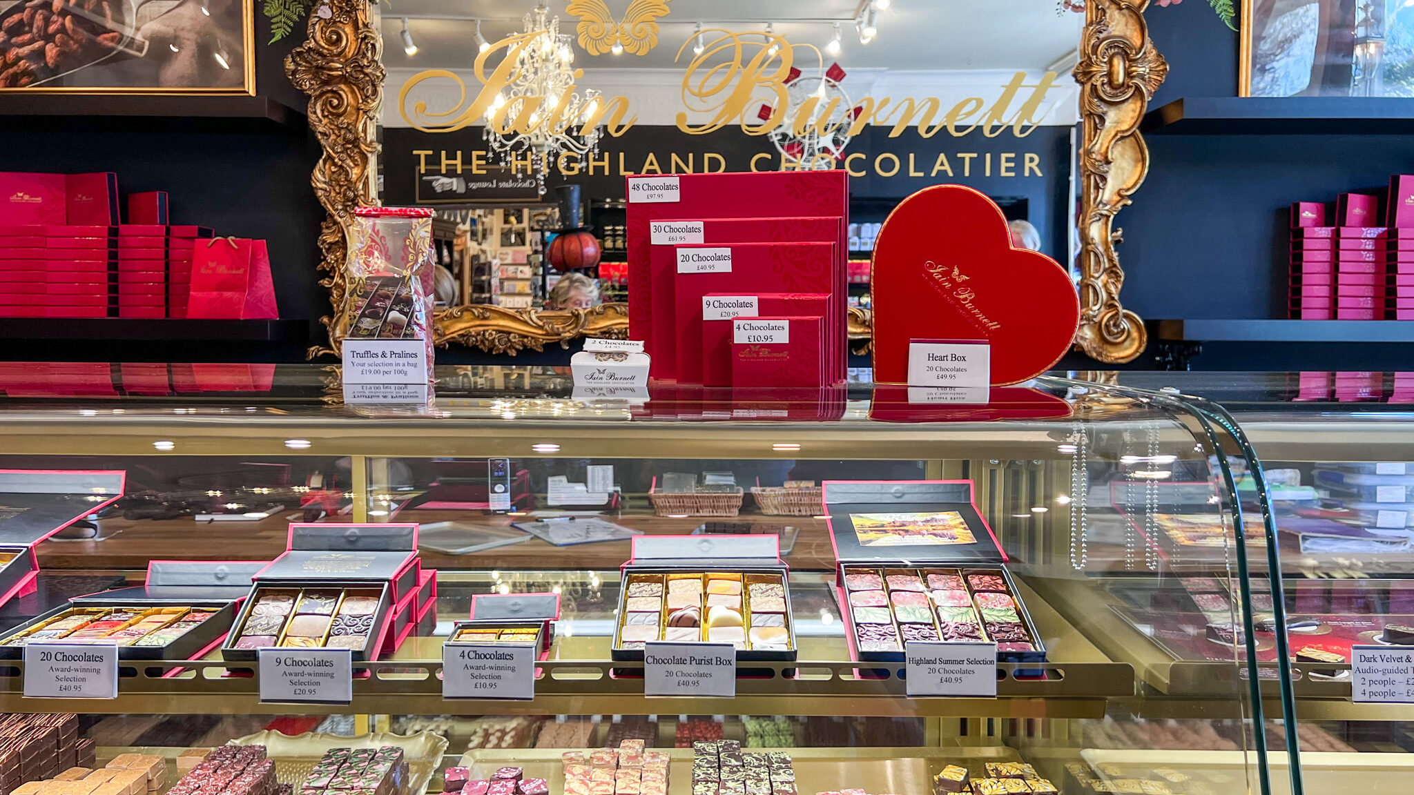 Display of chocolates inside shop.