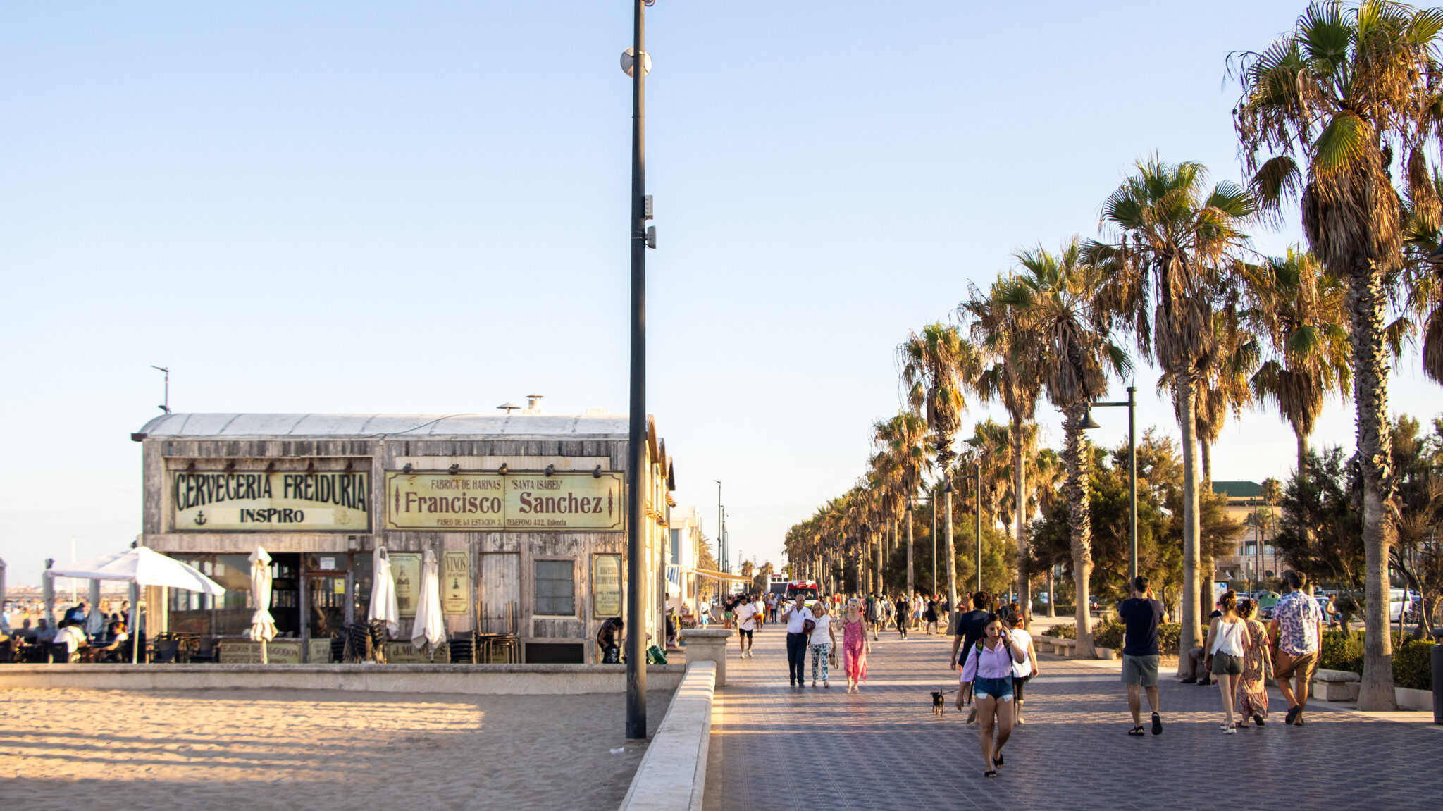 Seaside promenade in Valencia near sunset.