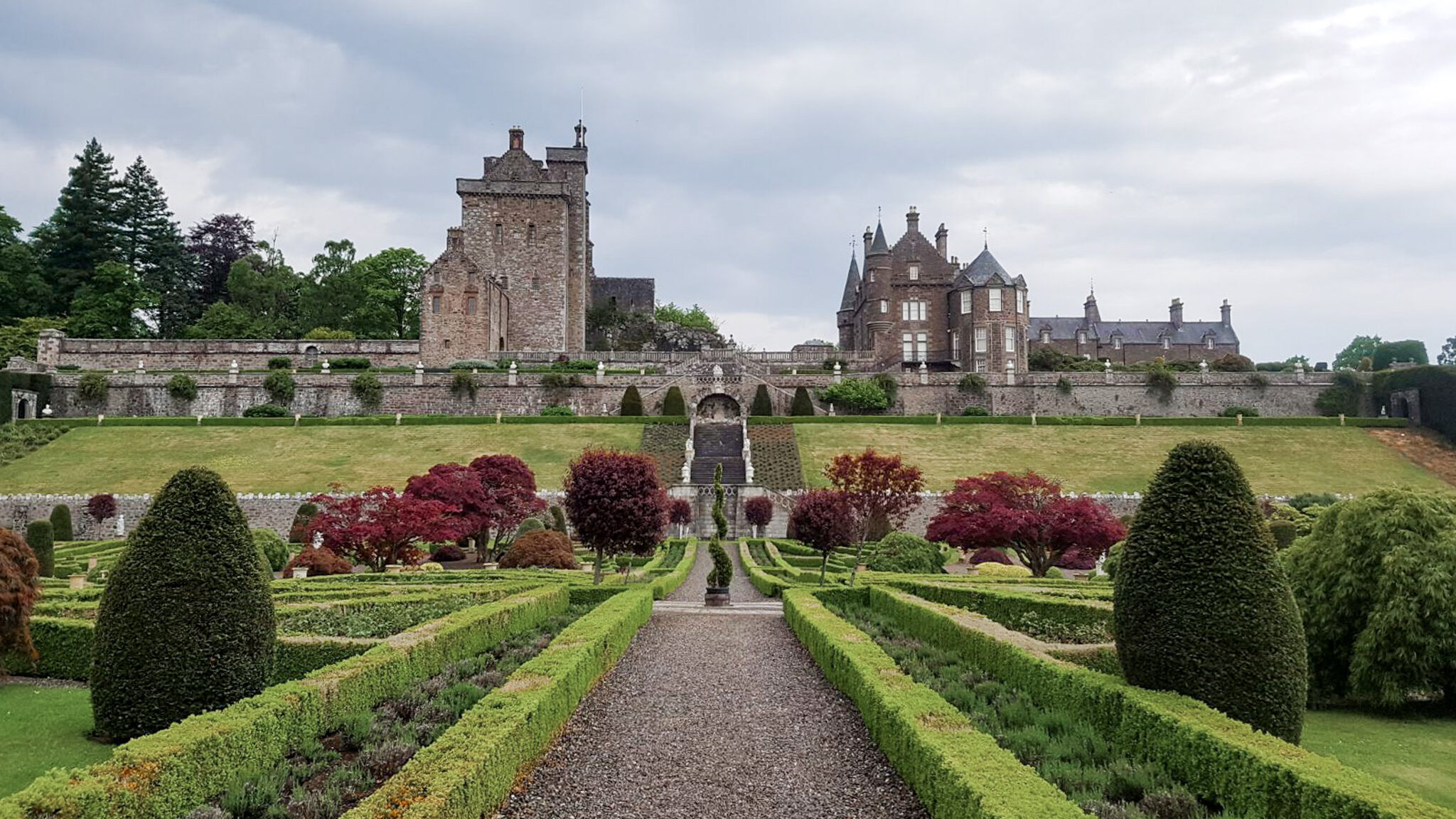 Large historic gardens at the back of castle.