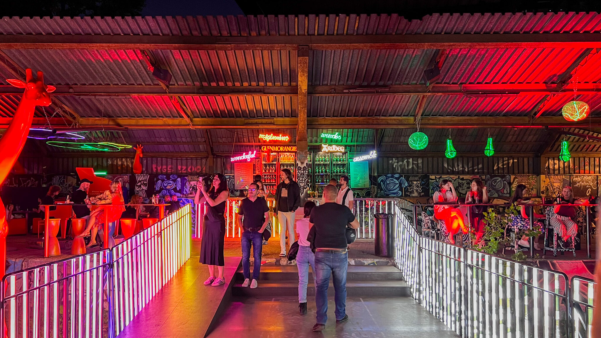 Night market in colourful lights in Warsaw.