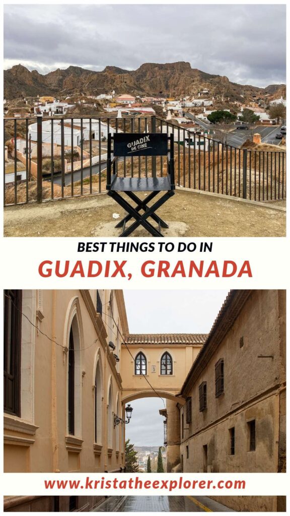 Directors chair at Guadix viewpoint and street in town.