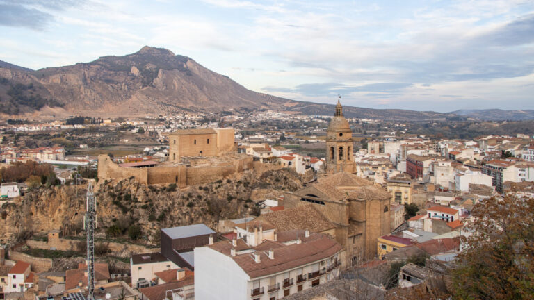 Viewpoint of Spanish town with church in the centre.