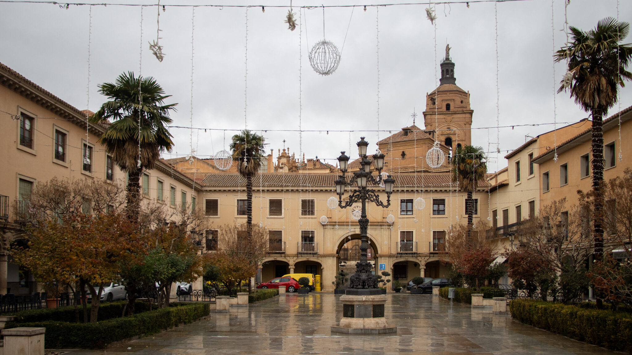 Main plaza in Guadix on a rainy day.