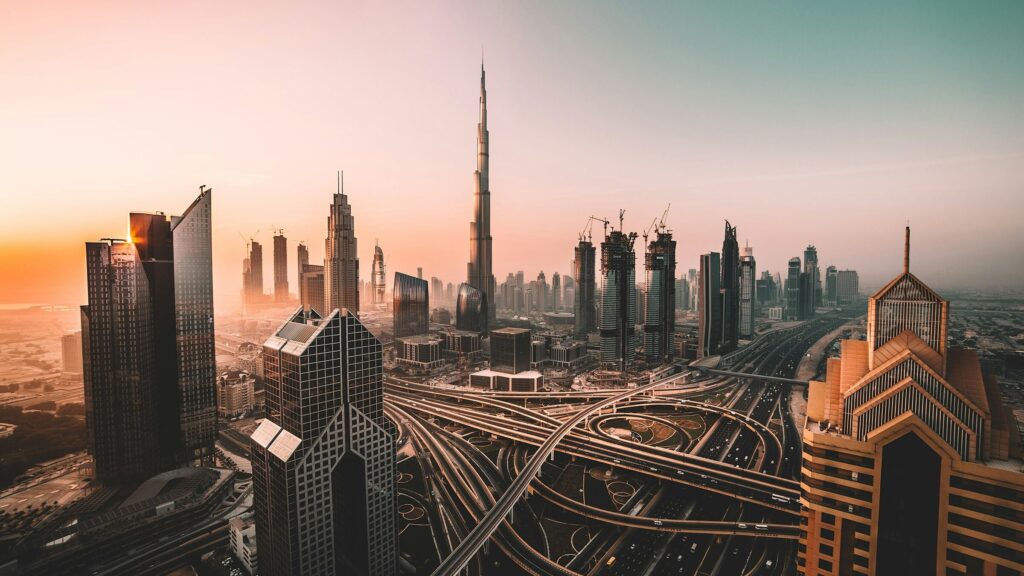 View of Burj Khalifa near sunset.