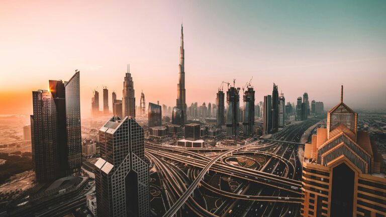 View of Burj Khalifa near sunset.