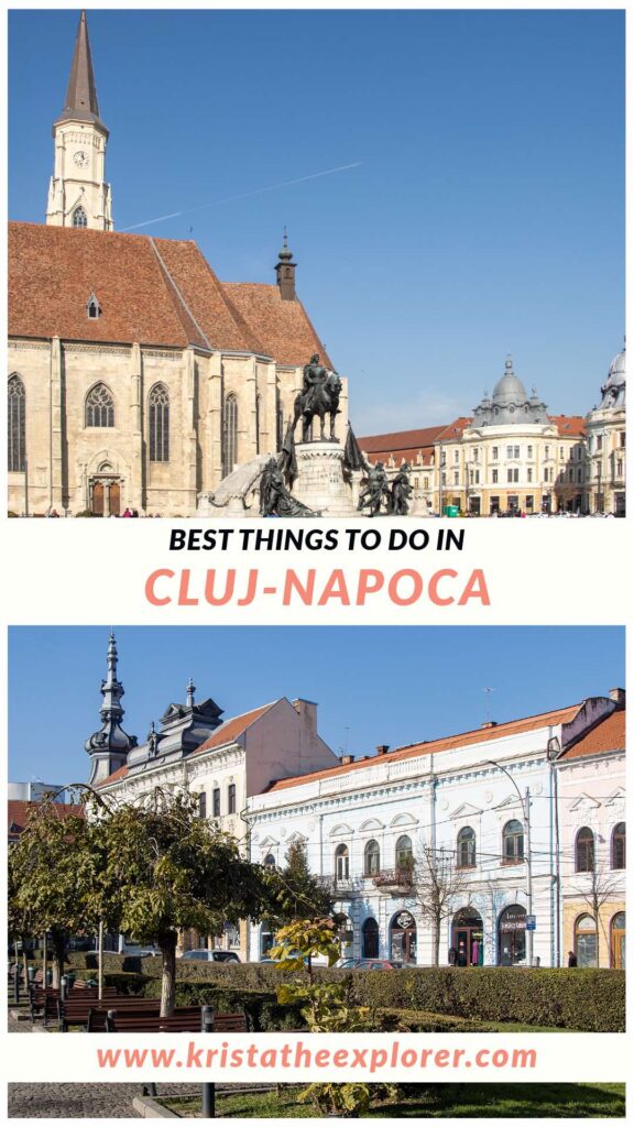 Main square in Cluj and street with colourful buildings. 