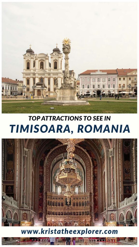 Main square in Timisoara and interior of cathedral.