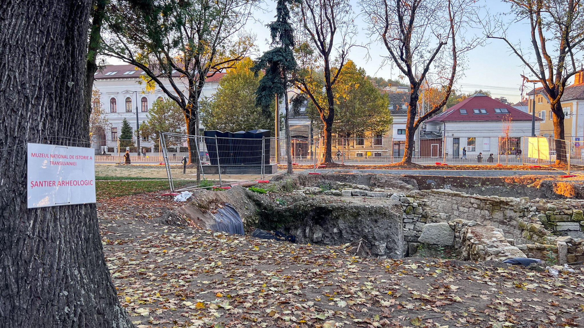 Active archaeological site in small park.