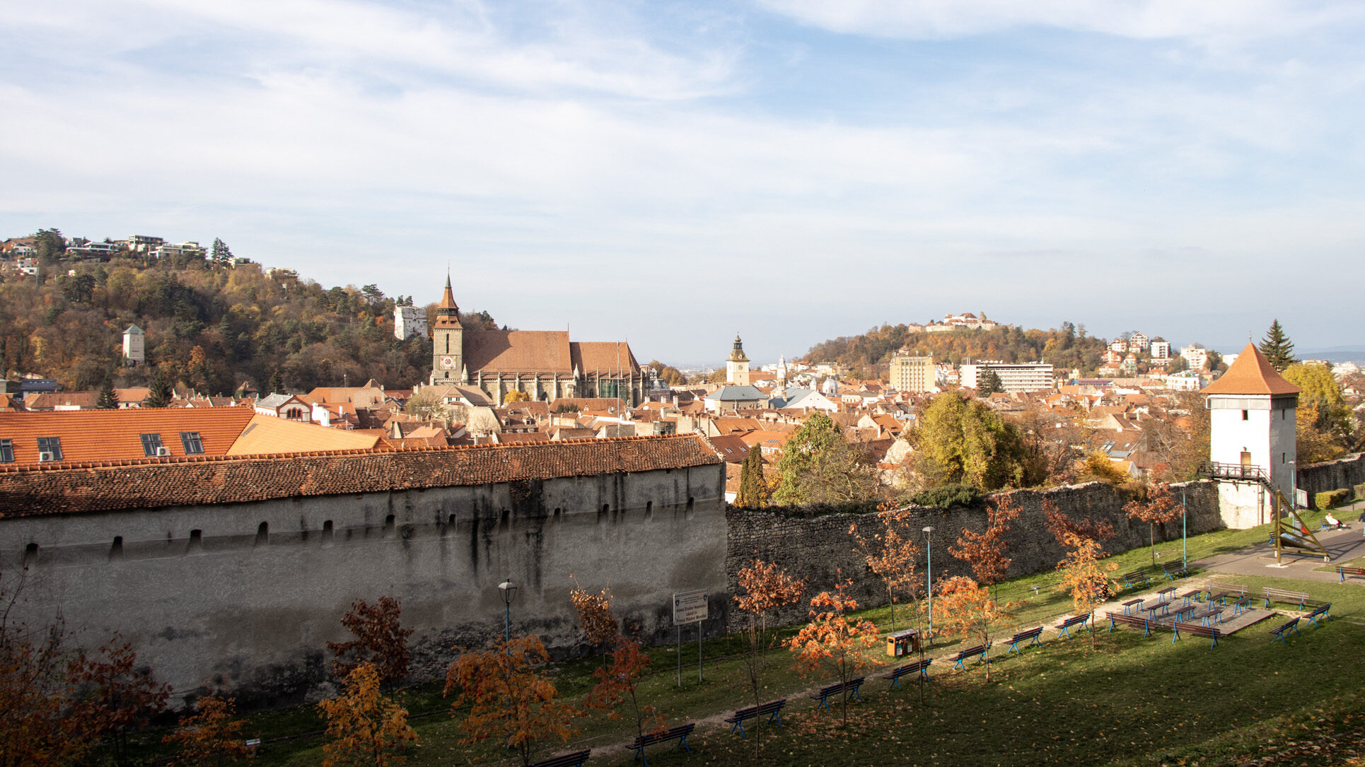 Bastion walls of old town Brasov near sunset.