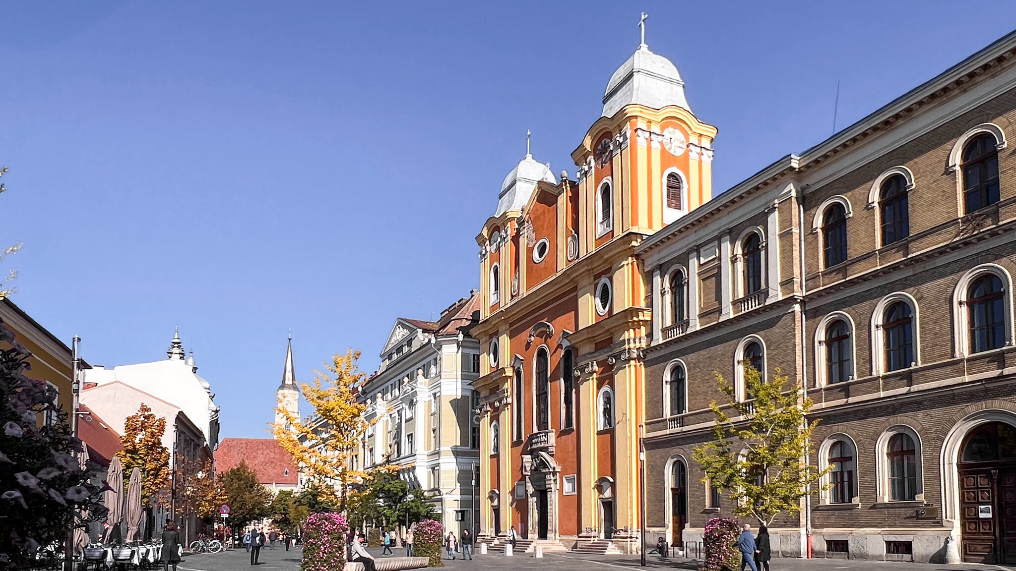 Orange and yellow painted basilica in Cluj.