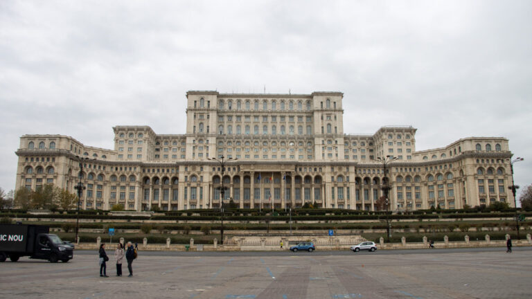 Large communist-style building used for Romanian parliament.