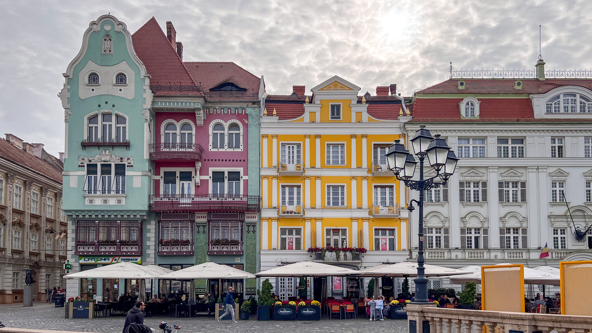 Row of colourful houses in main square of Timisoara.