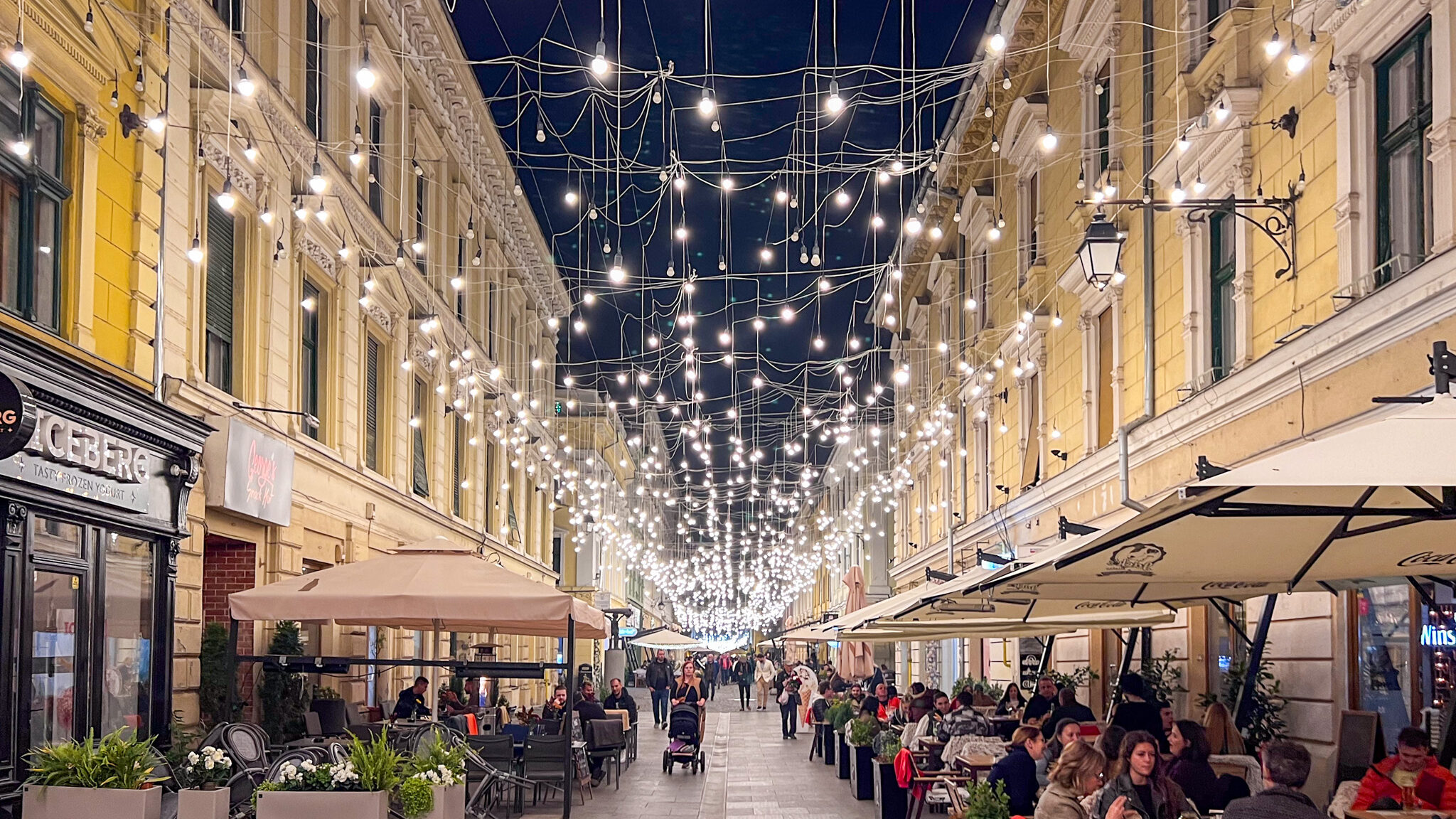 Street in old town Timisoara at night.