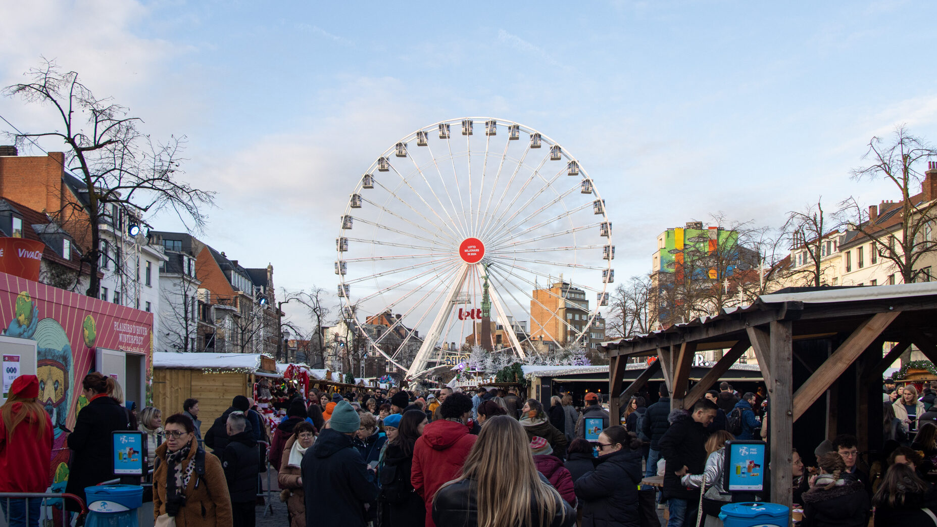 Large Christmas market in Brussels with Ferris Wheel.