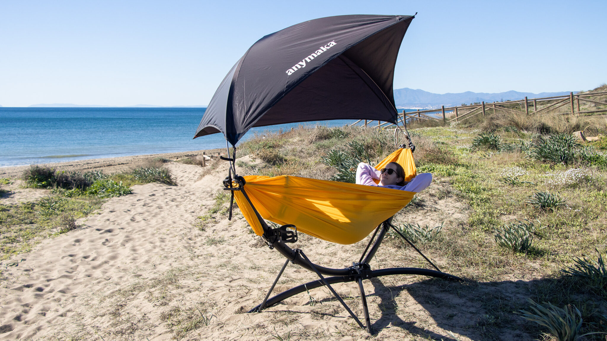 Stand alone beach hammock with sun shade.