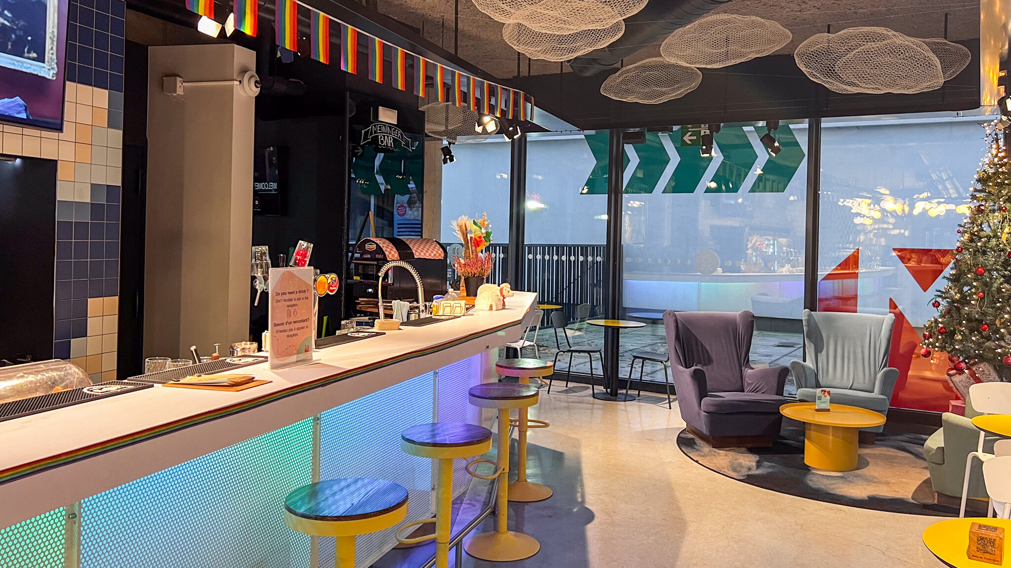 Bar area inside affordable hotel in Brussels.