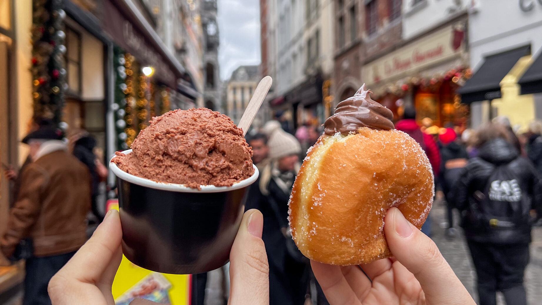 Chocolate mousse and doughnut in Brussels.