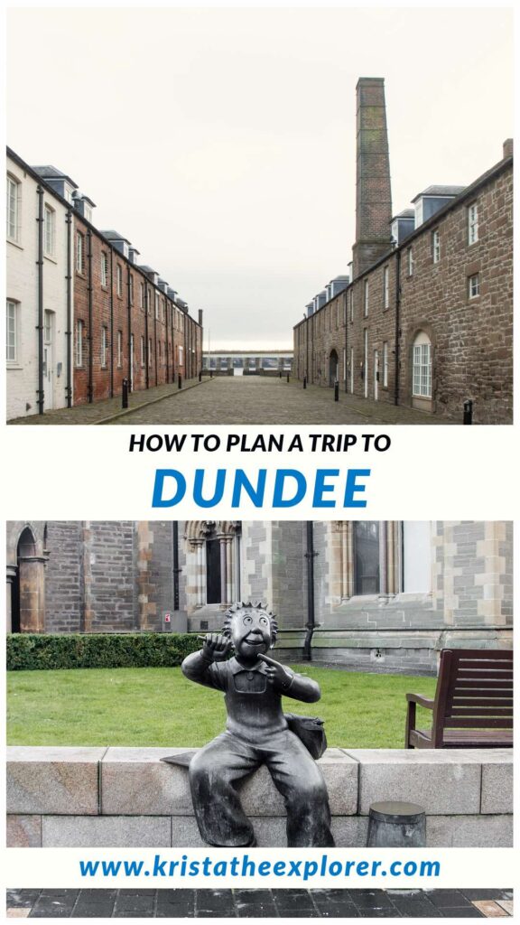 Historic street in Dundee and statue of cartoon character. 