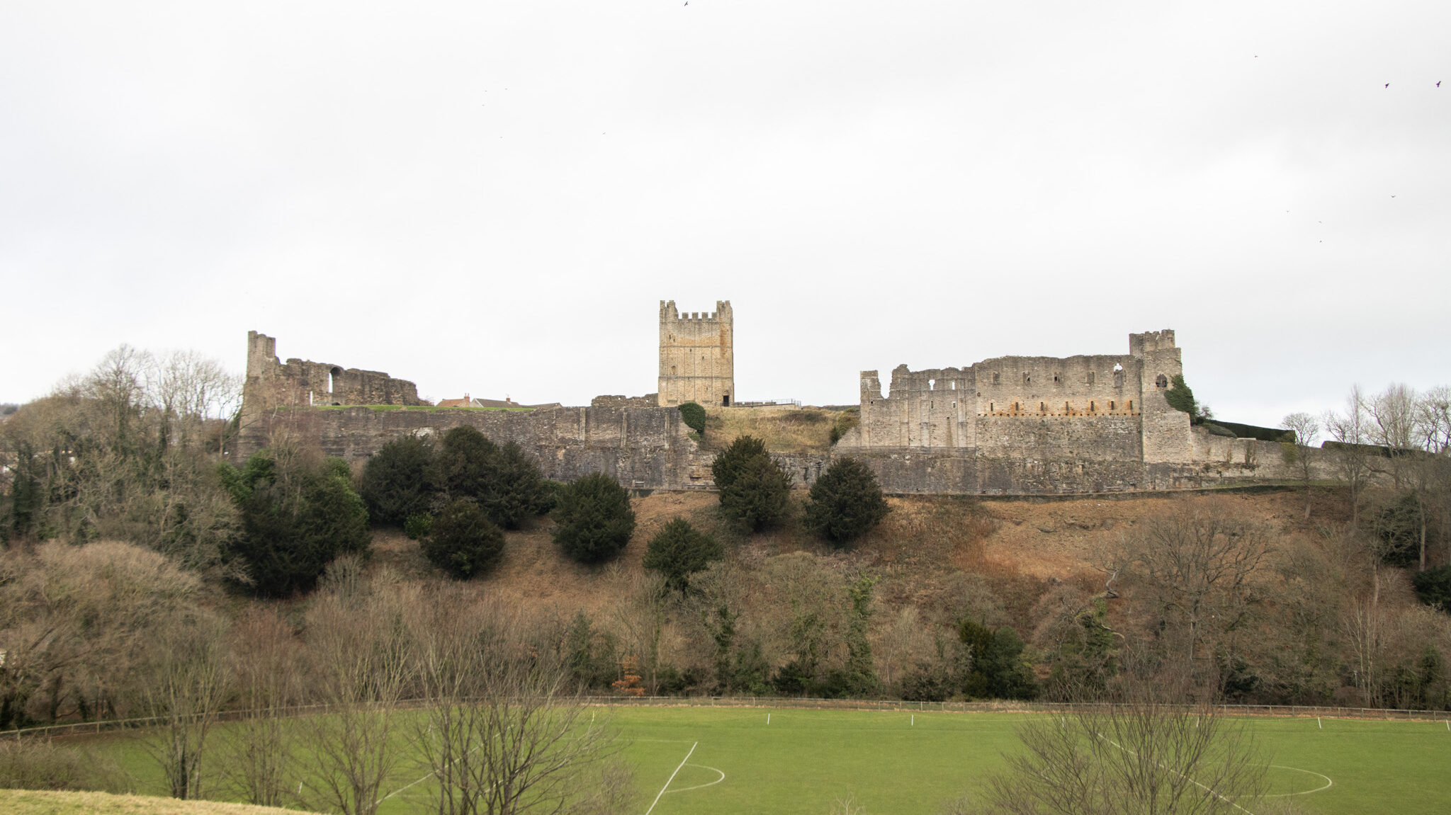 View of medieval castle in historic English town.