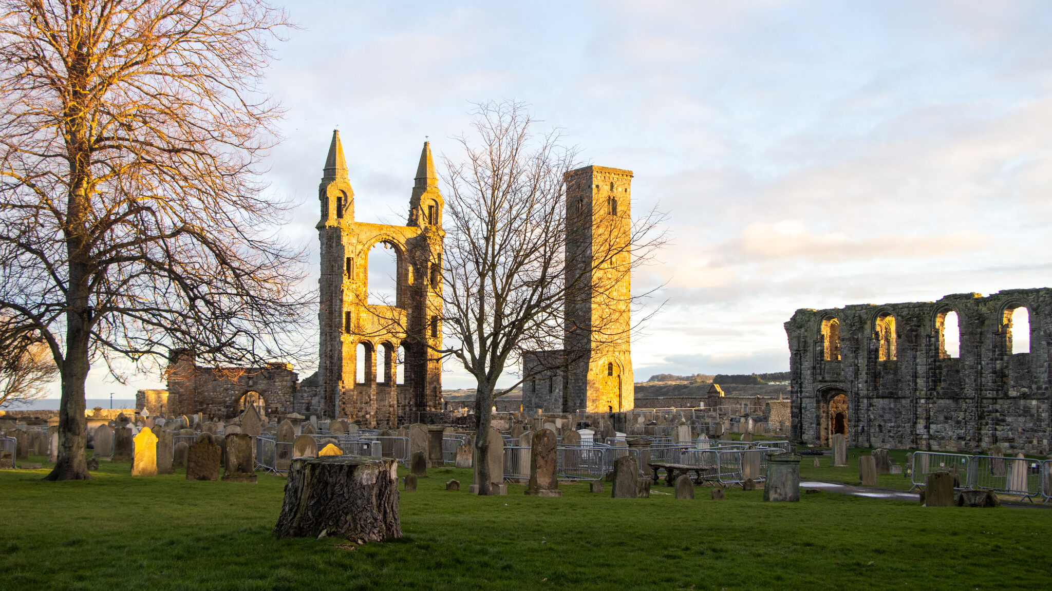 View of St Andrews Cathedral at sunset.