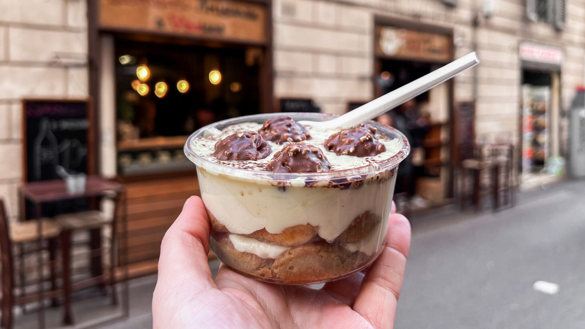 Ferrero Rocher tiramisu with white chocolate.