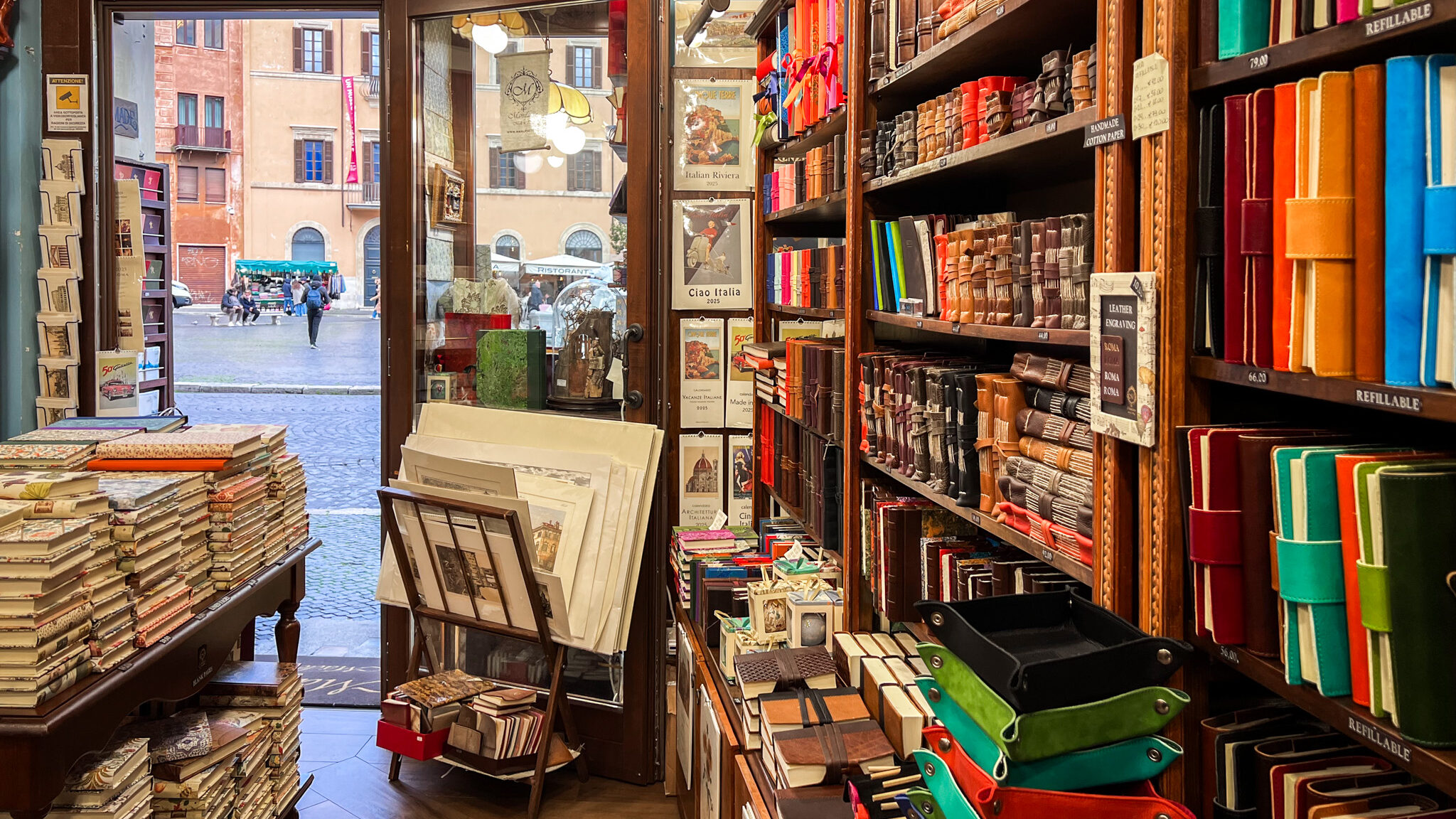 Bookshop in Rome with leather goods.