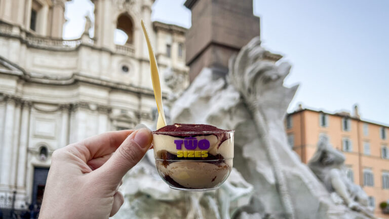 Small sized tiramisu in plastic cup in Rome.