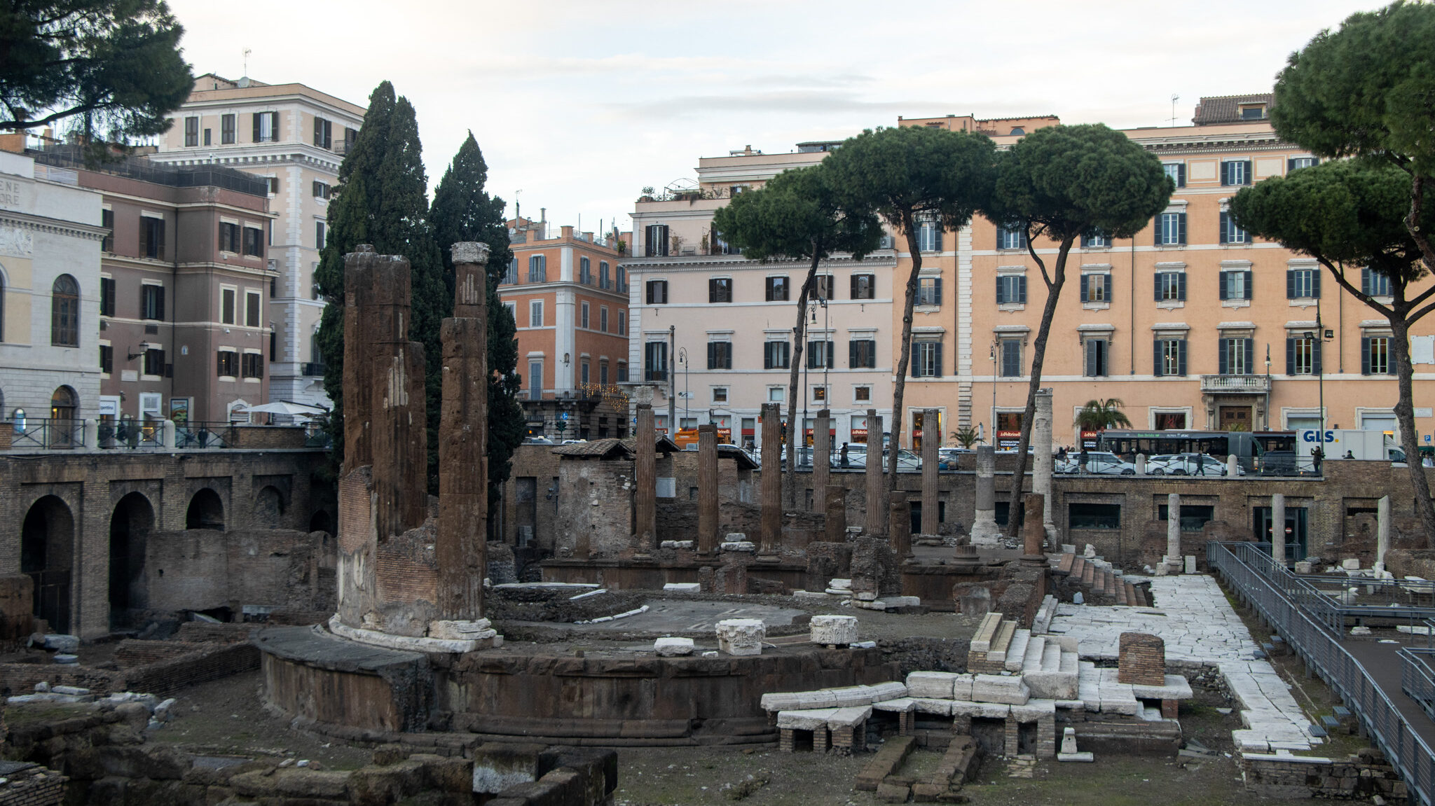 View of Largo di Torre Argentina ancient sites in Rome.