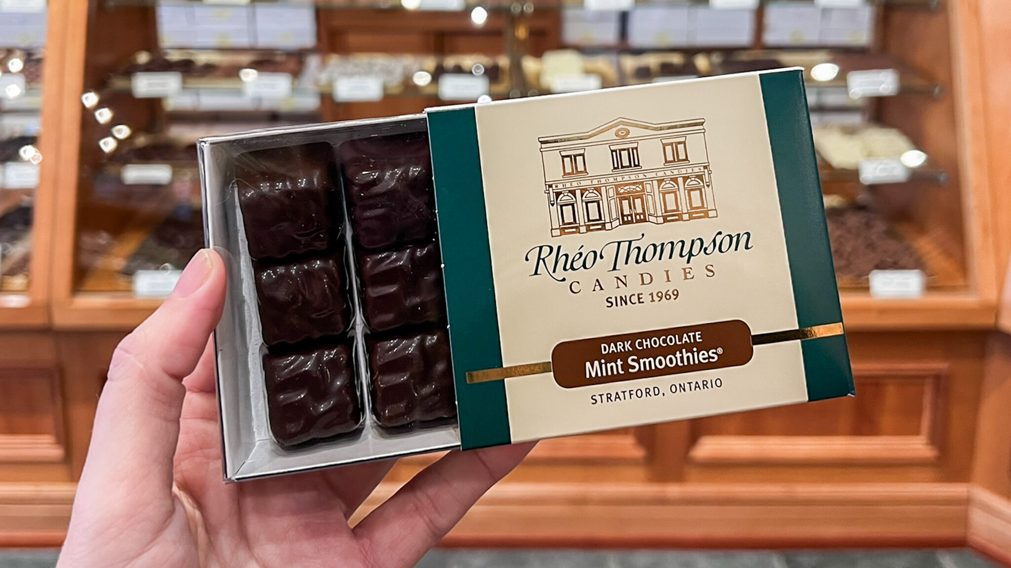 Chocolates Ontario | Krista the Explorer Box of mint smoothies in chocolate shop.